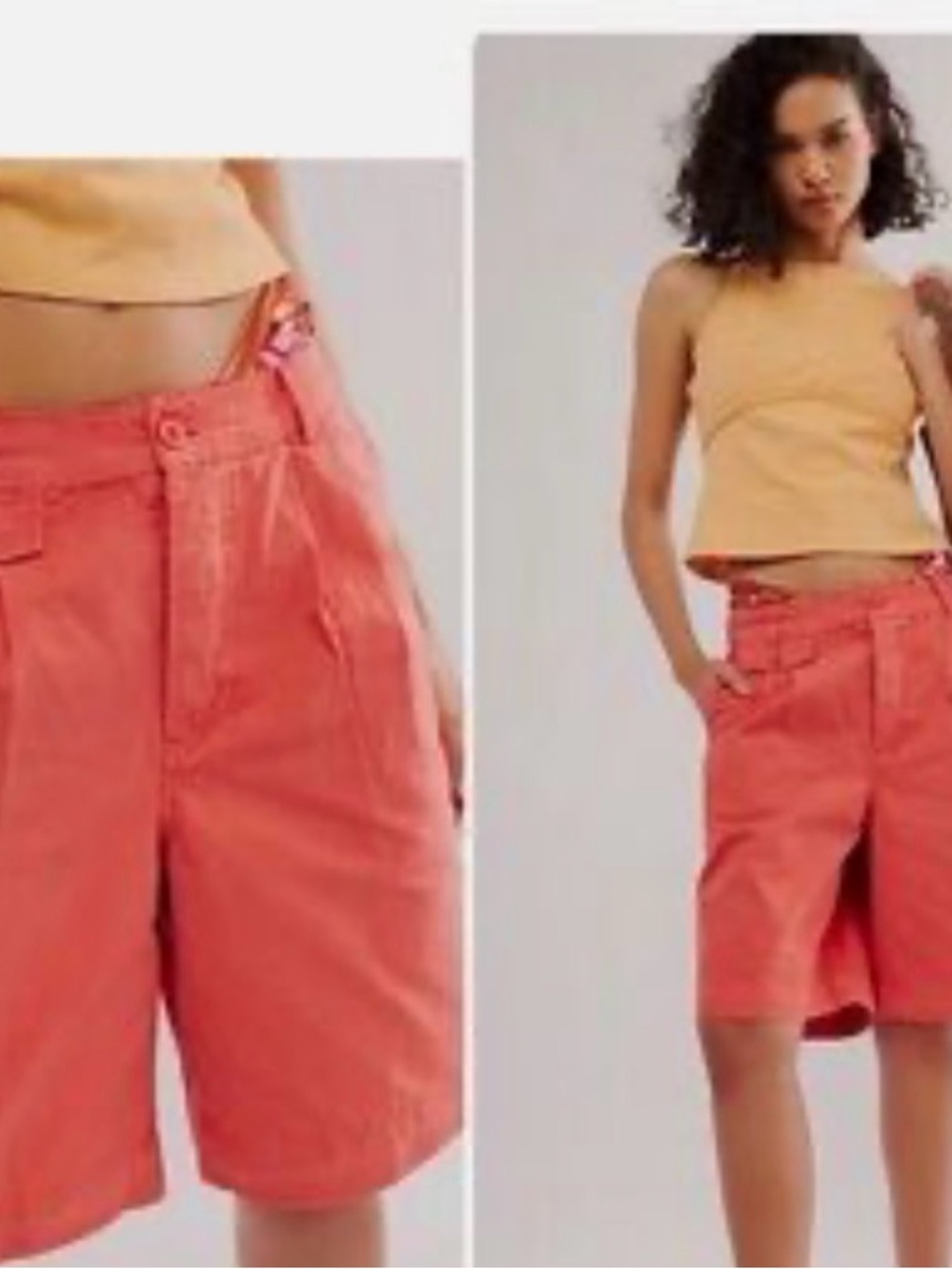 Free People Coral Red Pleated Cotton Bermuda Shorts